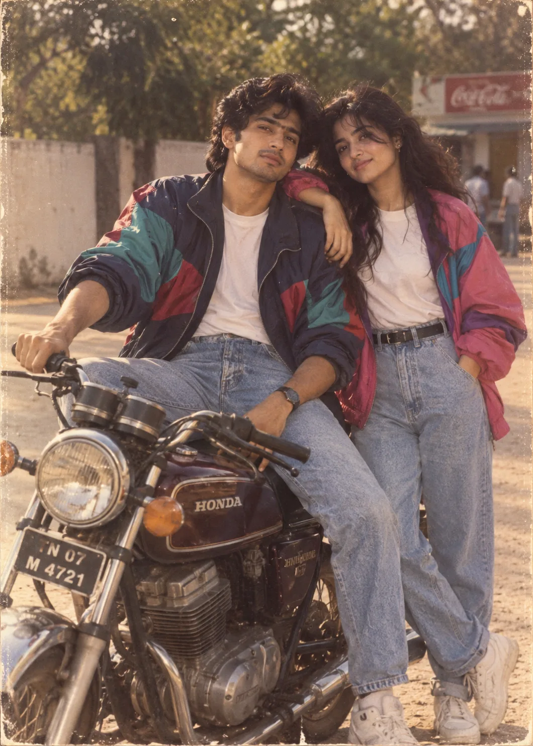Create an ultra-realistic cinematic retro 1980s-style couple photograph using the uploaded photos as the exact facial identity references