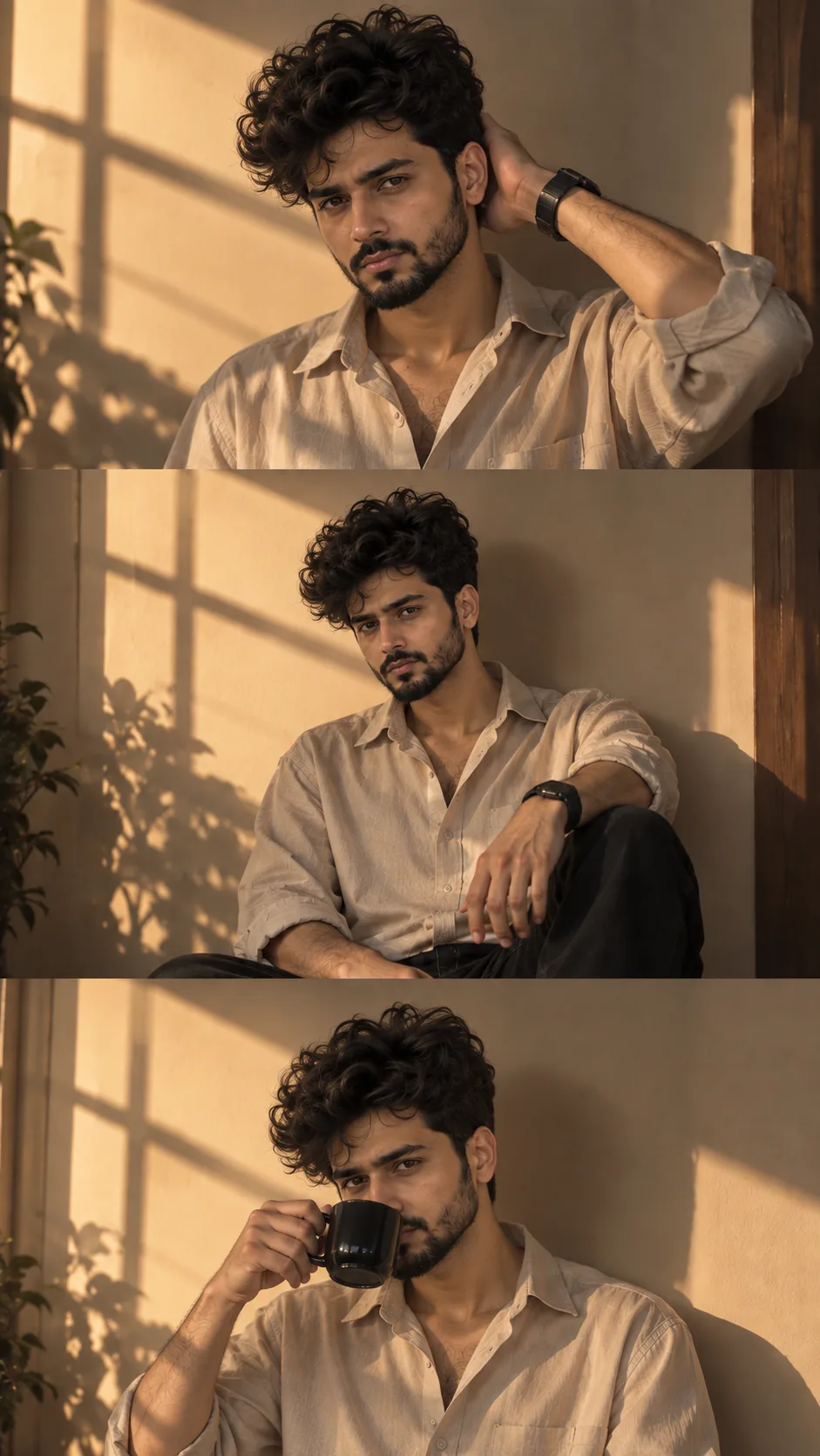 Aesthetic vertical 9:16 collage portrait of a young South Asian man in a warm-toned, minimal stylish shirt, captured in three stacked