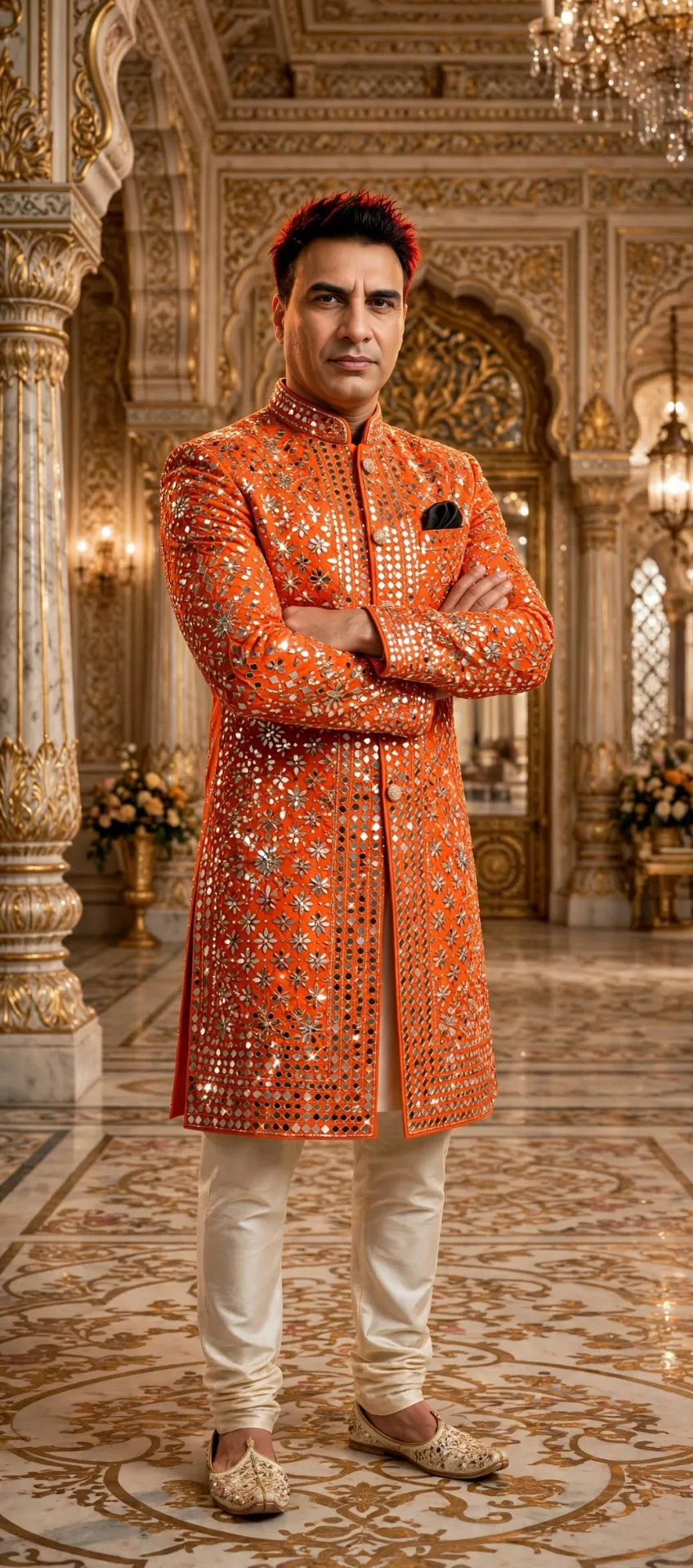 photorealistic full-body portrait, vibrant orange long sherwani heavily embellished with silver mirror work and floral star patterns,