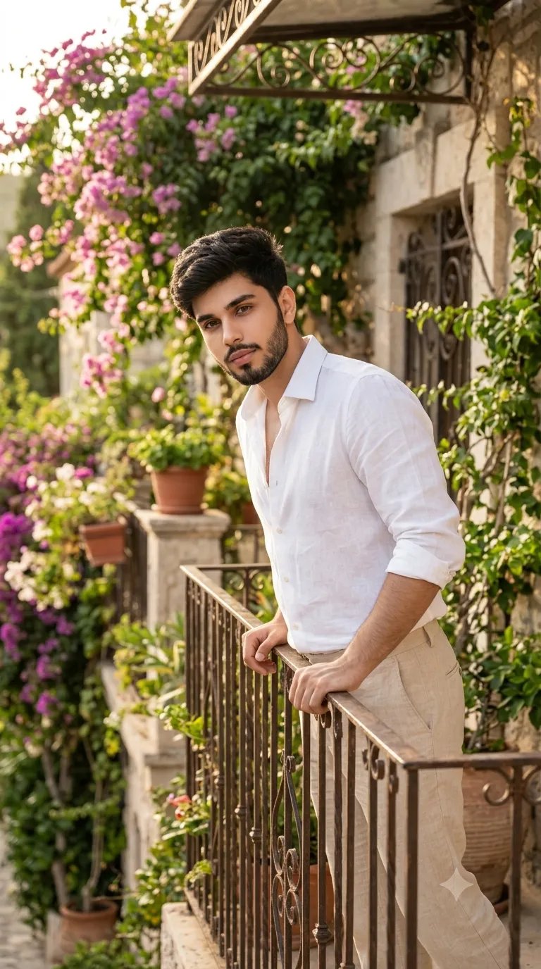 Create a potrait of style young man, Use reference photo to create A fashionable casual boy wearing white lilen shirt and beige pants