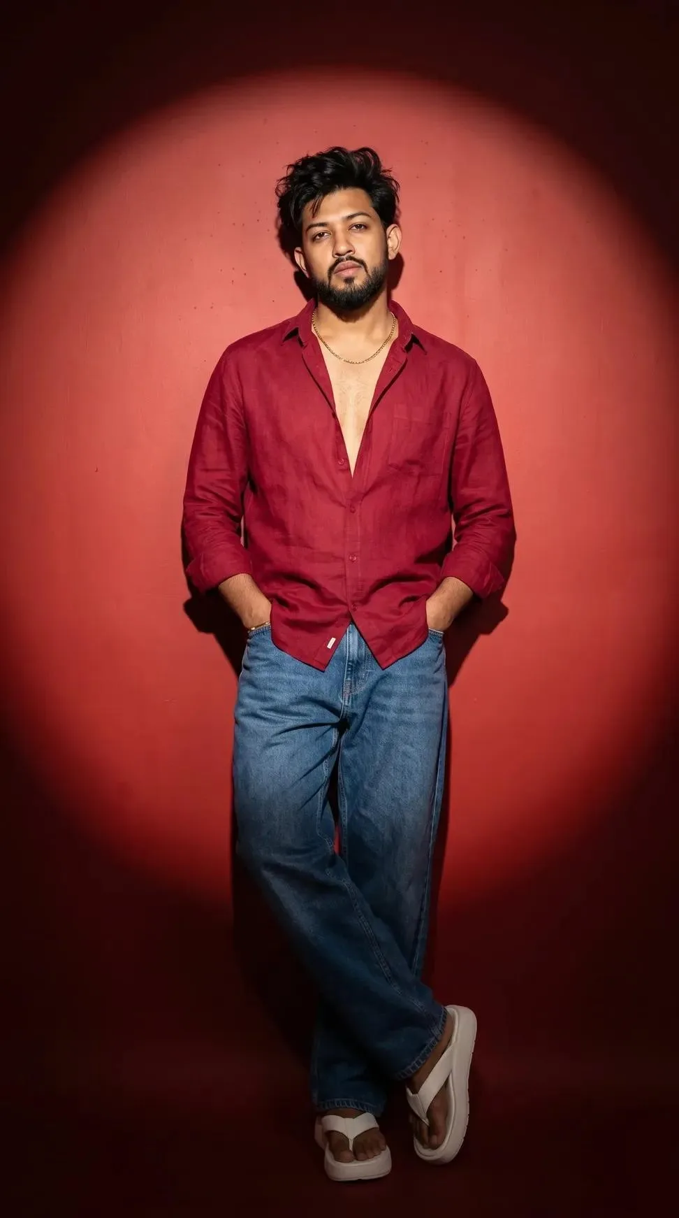 "A full-length studio portrait of a man leaning back against a textured matte red wall, looking directly forward.