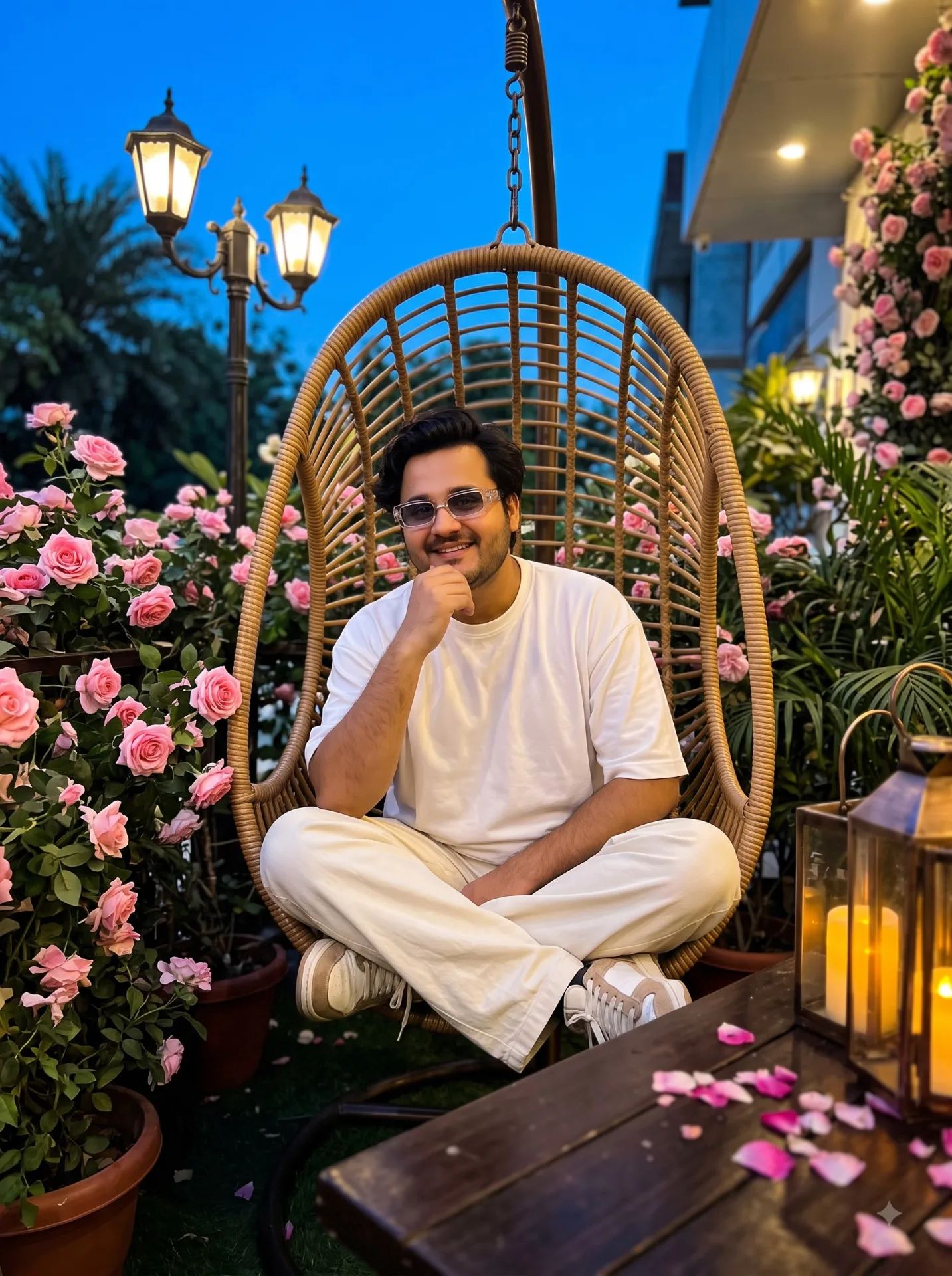 Create a “highly photorealistic cinematic Indian lifestyle photograph” of a young South Asian/Indian man relaxing in an elegant “woven
