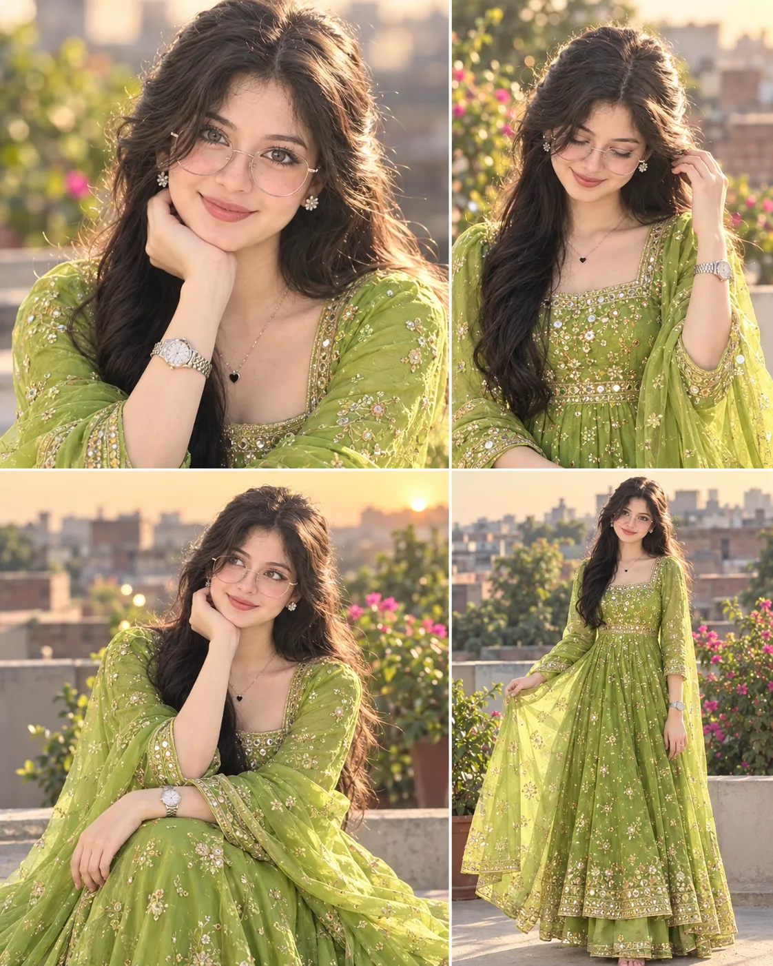 A high-quality, ultra-realistic portrait collage of a beautiful young South Asian woman standing on a rooftop during golden hour.
