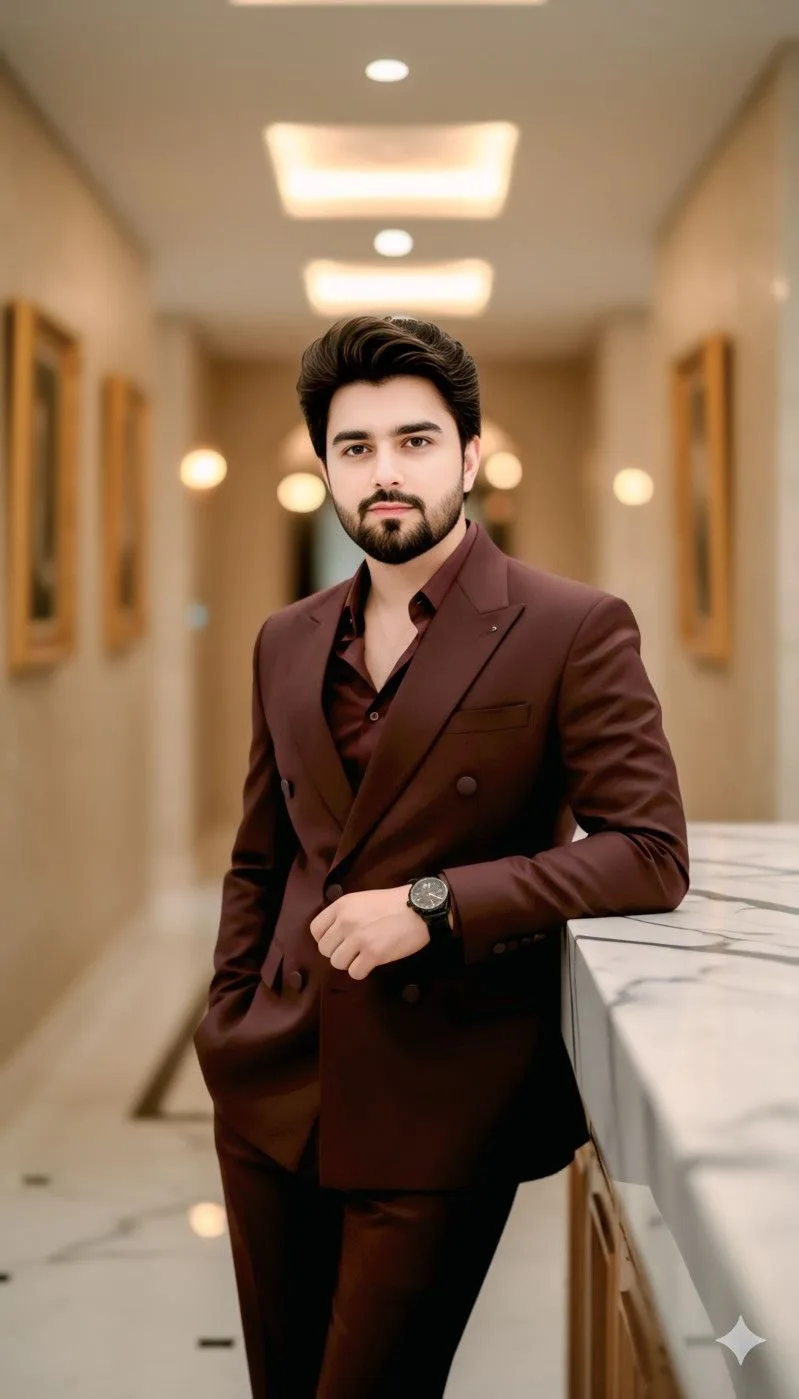 A high-quality medium shot of a handsome young man with a neatly trimmed beard and perfectly styled, voluminous dark hair.