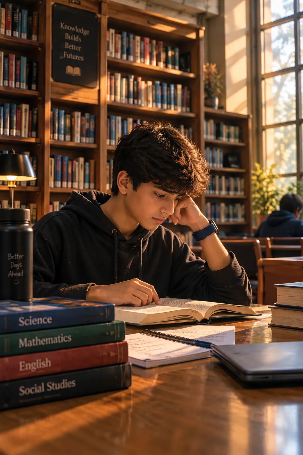 Photorealistic cinematic library portrait of a young man sitting at a wooden study table, reading an open book, warm natural sunlight