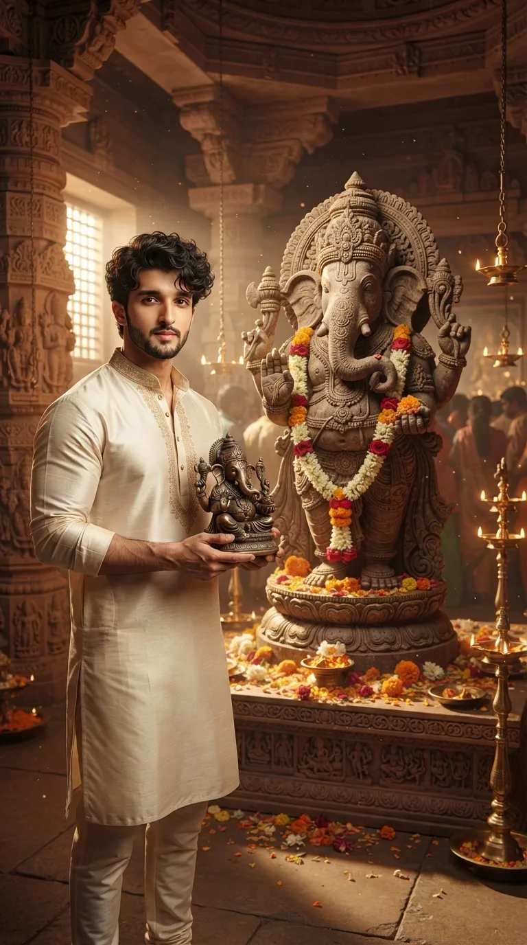A photorealistic vertical portrait (9:16 aspect ratio) of a person standing slightly to the side of the frame inside a traditional Indian
