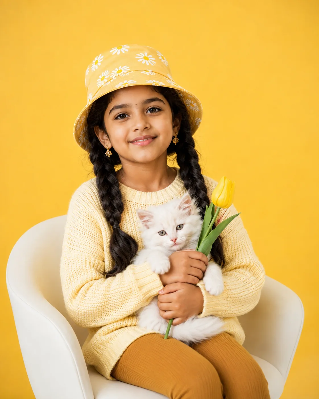 Create a portrait of a young girl in uploaded picture, sitting in white minimal chair in a studio with a plain yellow background.