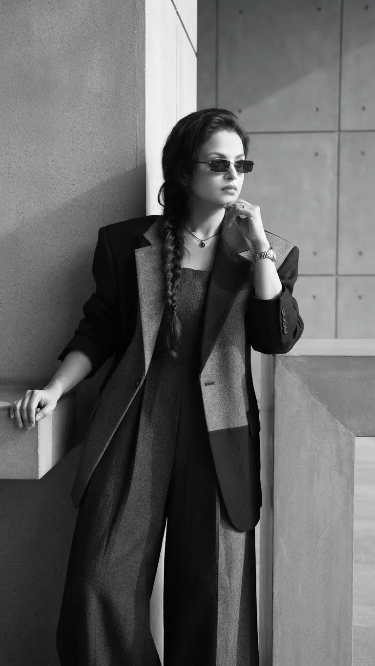 A fashionable young woman leaning against a modern concrete wall, wearing an oversized two-tone structured blazer with wide shoulders over