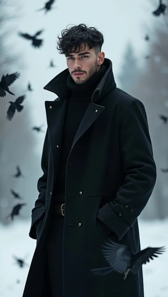 A dark aesthetic, hyper-realistic portrait of a handsome young man with thick, curly messy black hair shaved on the sides (undercut style)