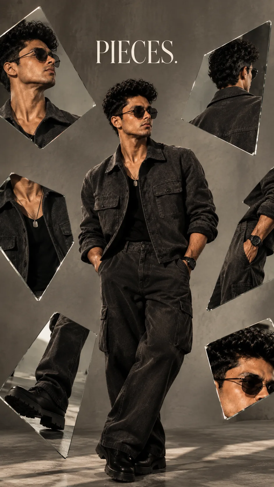 Create a premium 9:16 conceptual editorial portrait of a young male model standing against a neutral studio wall.Around him are several