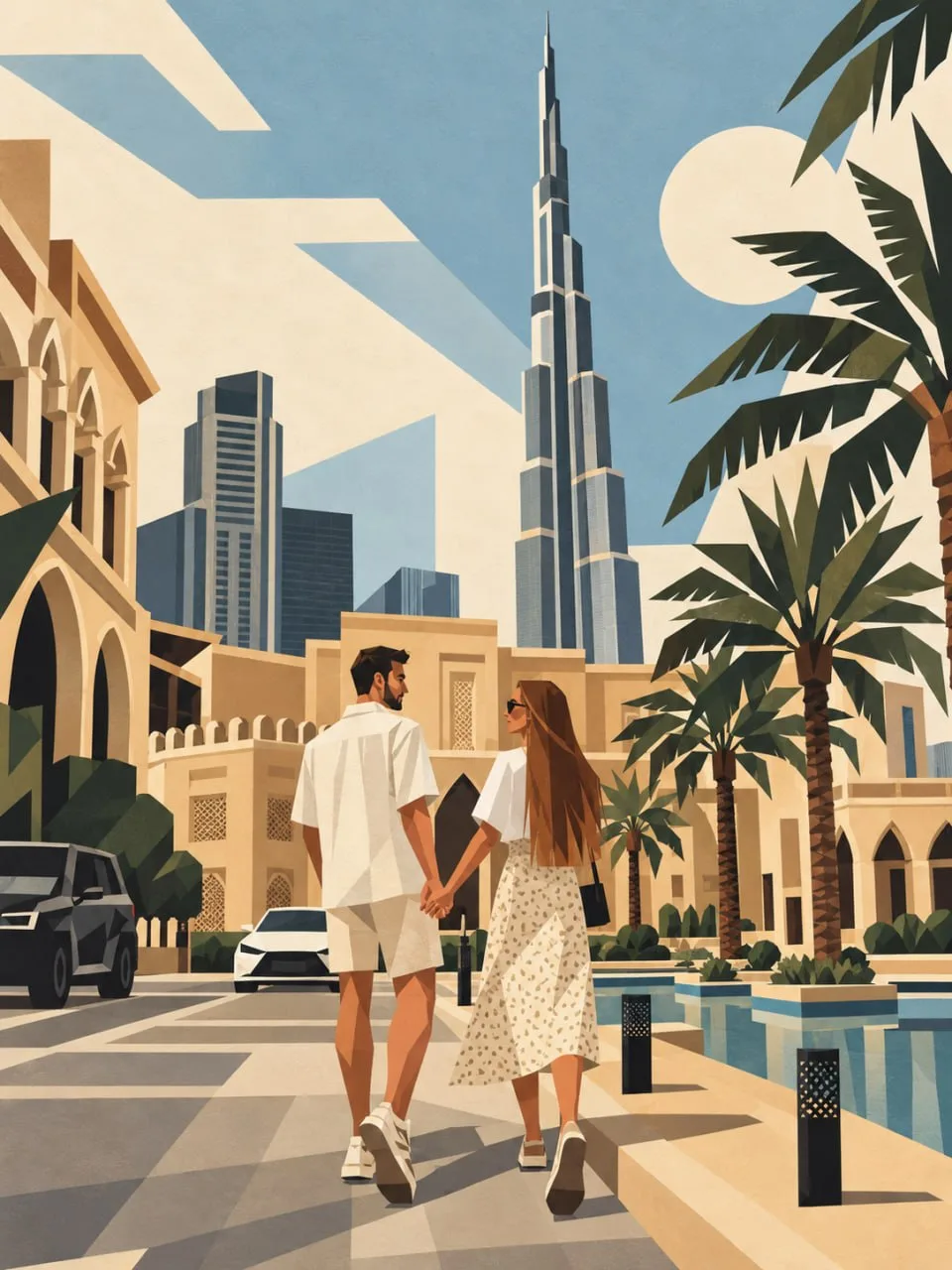 Transform the provided image into an exquisite geometric editorial illustration combining contemporary folk art and modern fashion