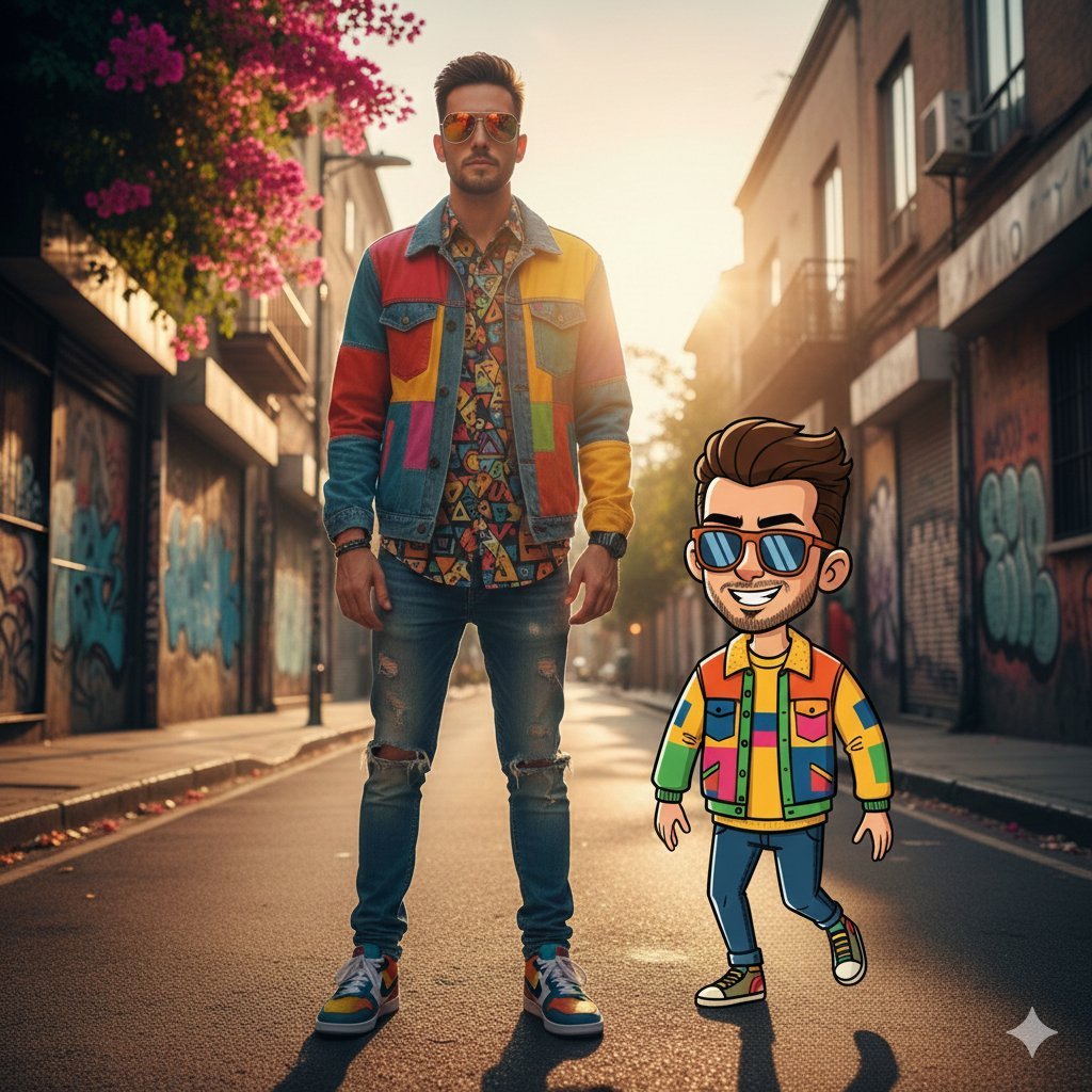 A split-style or side-by-side composition featuring a trendy young man and his identical cartoon double.