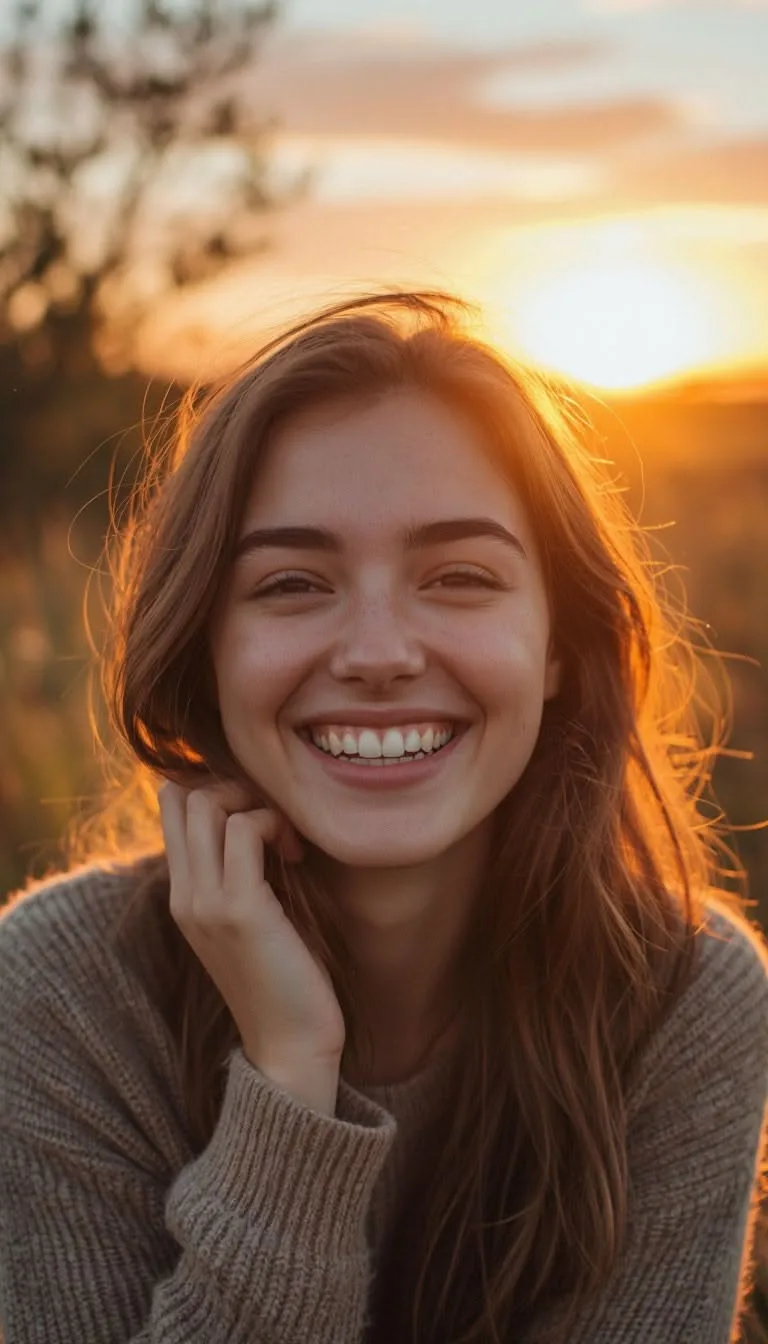 A beautiful, heartwarming 9:16 cinematic portrait of a young woman with a joyful, candid wide smile, showing her teeth perfectly.