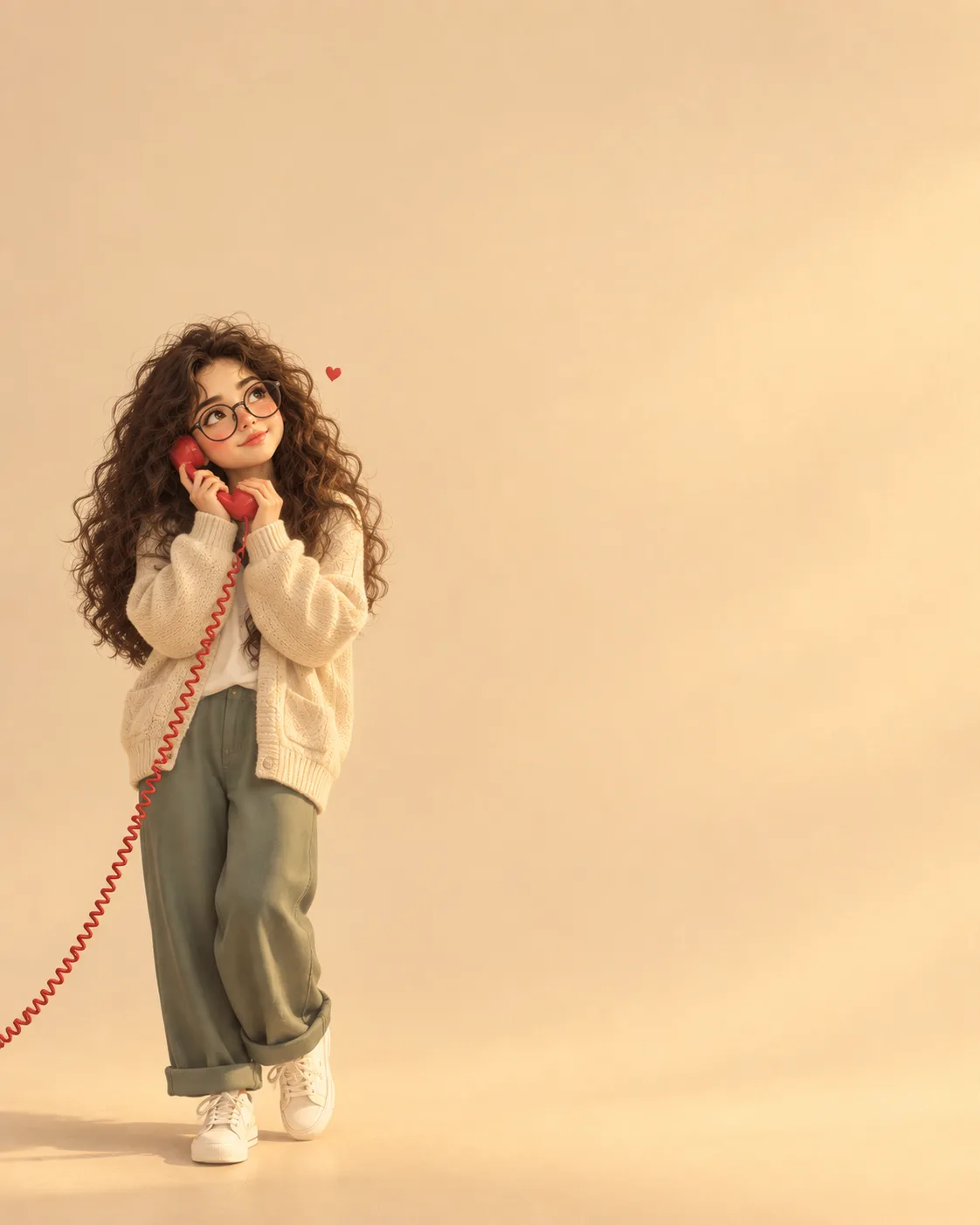 "create Warm minimalist 3D animated illustration of a cute young woman with long softly wavy brown hair, large expressive brown eyes, rosy