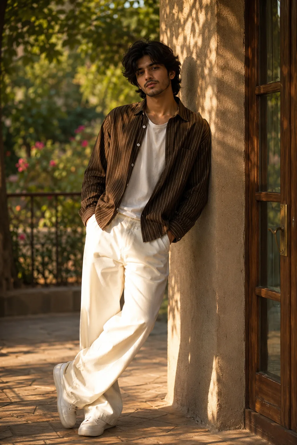 Ultra realistic full body portrait of a young man standing in a relaxed and confident pose, leaning against a rustic wall near a wooden