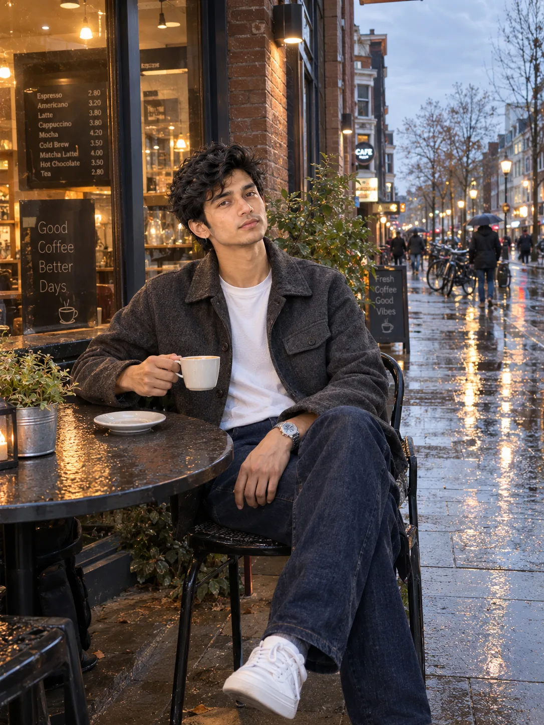 Ultra realistic photograph of a young man sitting naturally outside a small modern café on a rainy evening, shot on a real DSLR camera.