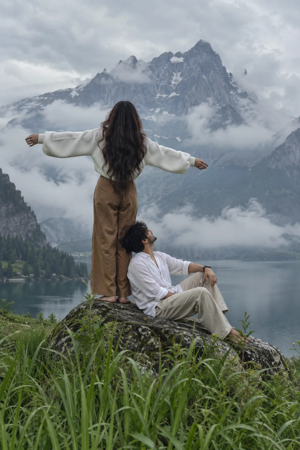 CLEAN: WOMAN STANDING BAREFOOT ON A LARGE ROCK, ARMS SPREAD WIDE LIKE WINGS, BACK TO CAMERA, LONG WAVY HAIR DOWN.
