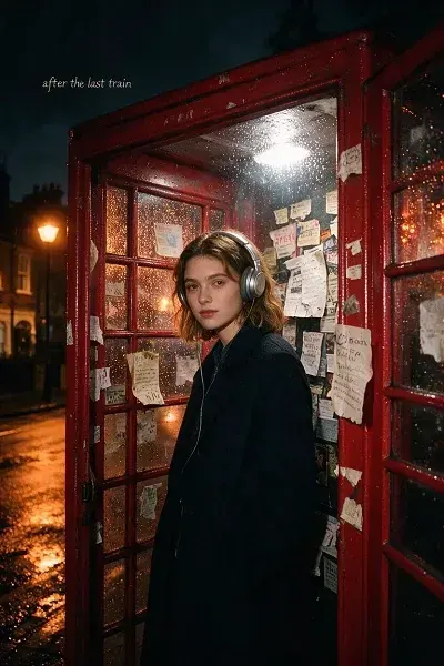Create an indie-pop album cover using the reference subject inside a rain-speckled London phone booth at midnight.