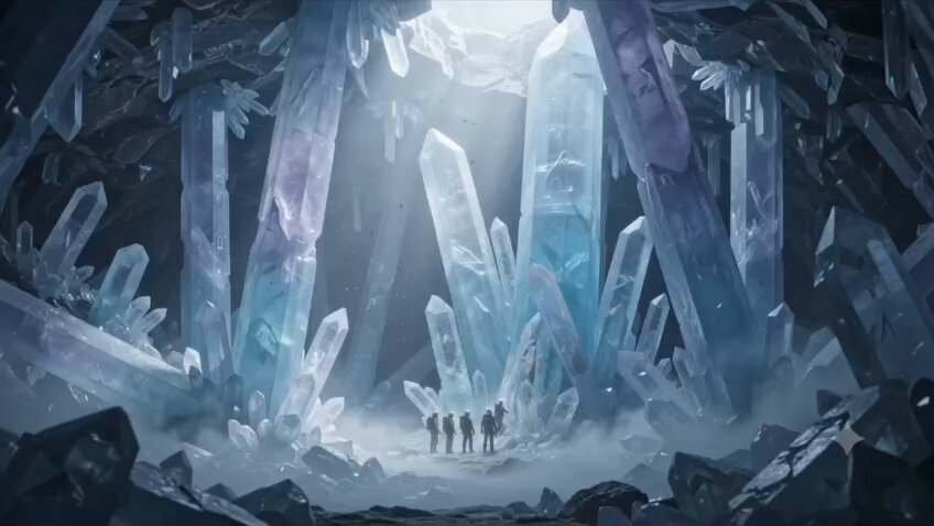 Tiny explorers in crystal cave
