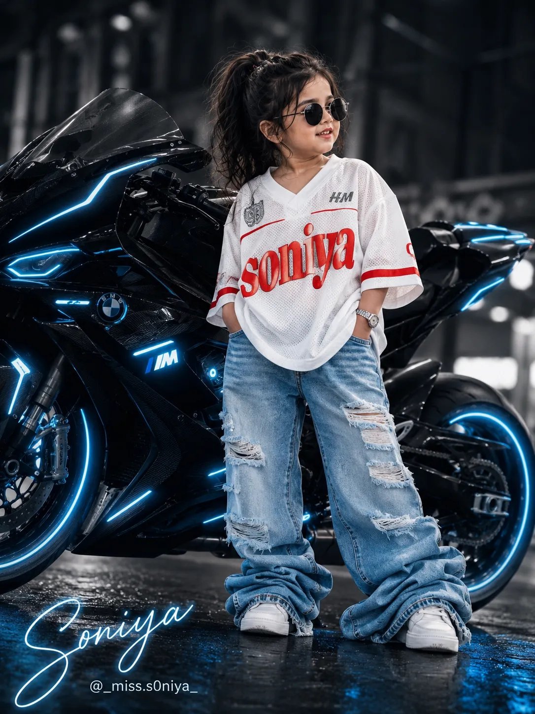 PRONT- ⤵️ @uk_ravi_hr Create an ultra-realistic high-fashion streetwear portrait of a baby girl standing confidently beside a futuristic