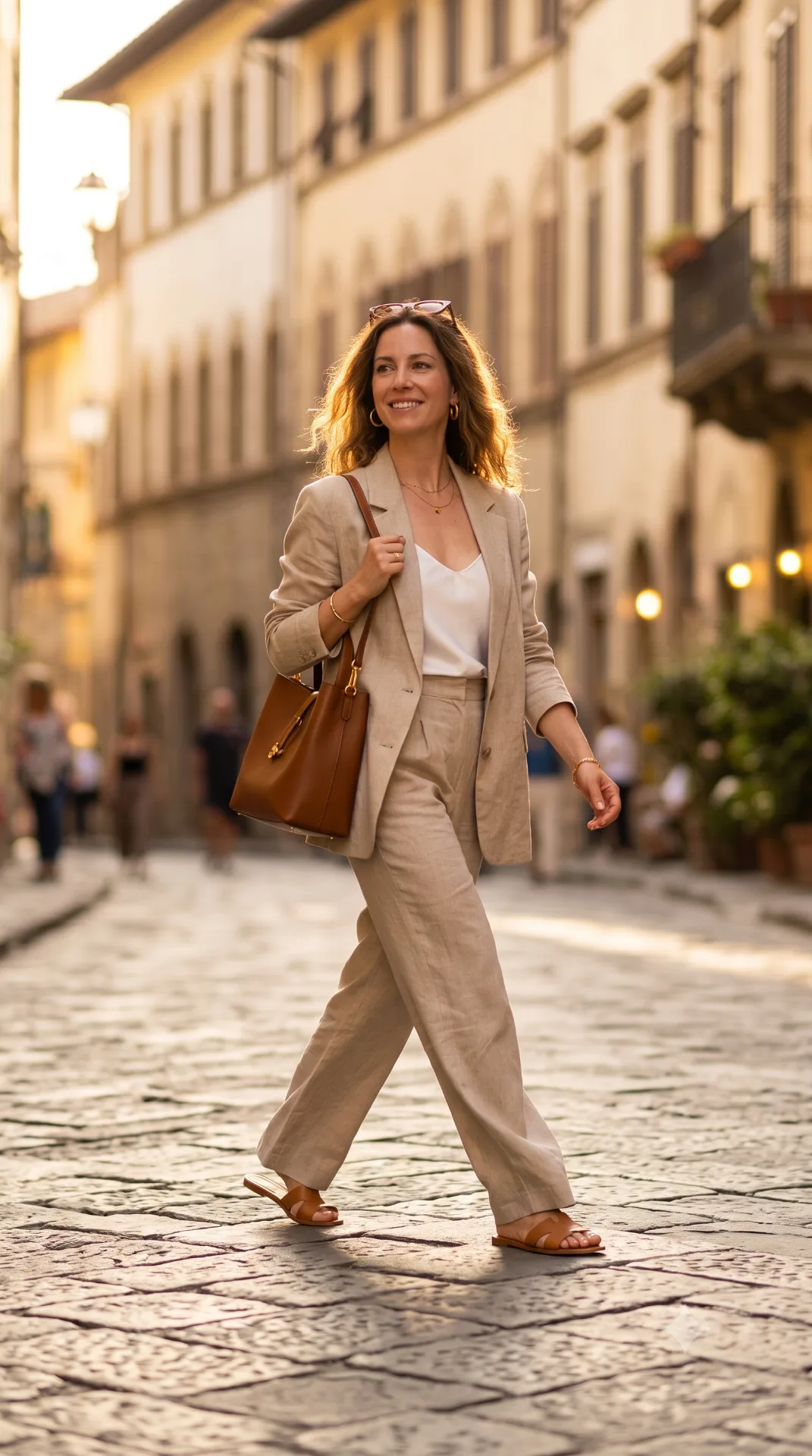 A full-body editorial fashion portrait of a stylish woman walking through a sunlit European cobblestone street during golden hour.
