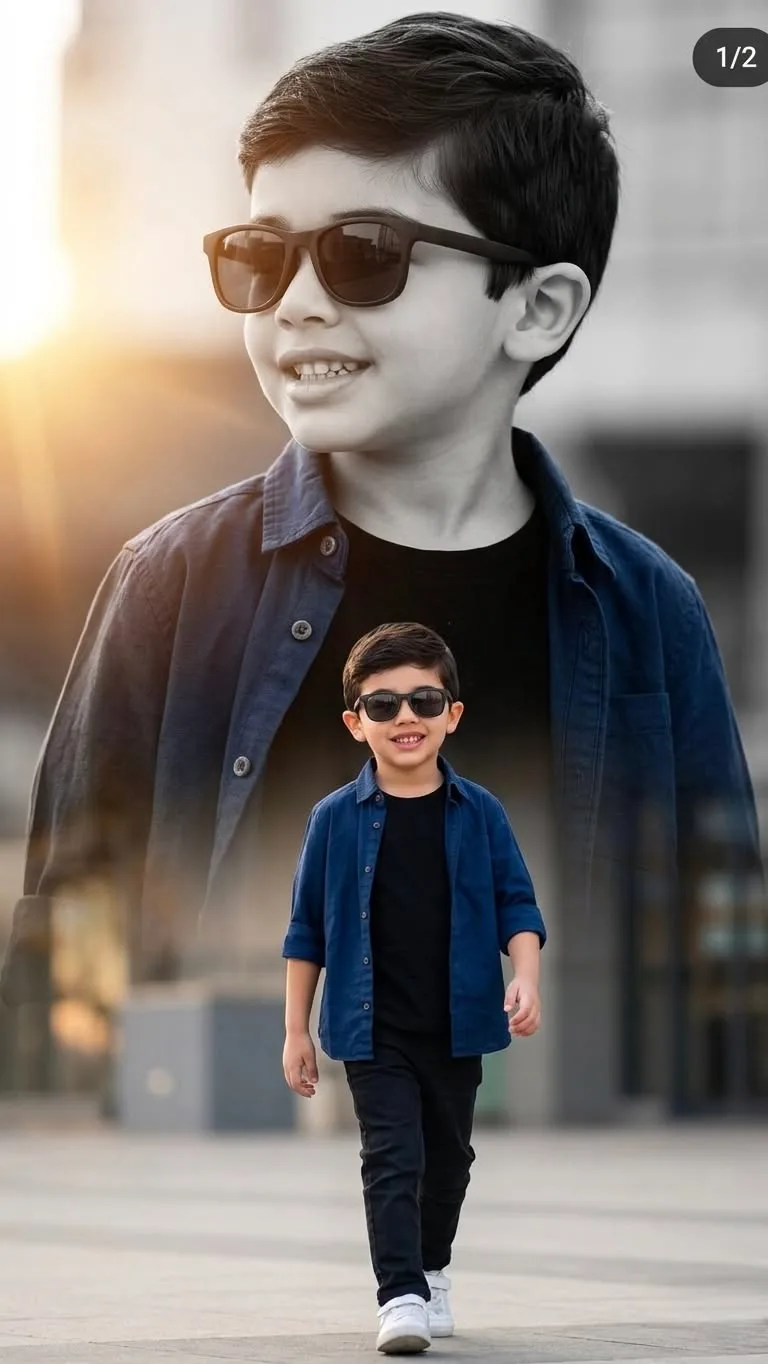 An absolute visual masterpiece, hyper-photorealistic and ultra-detailed kids fashion lookbook double-exposure montage portrait capturing an