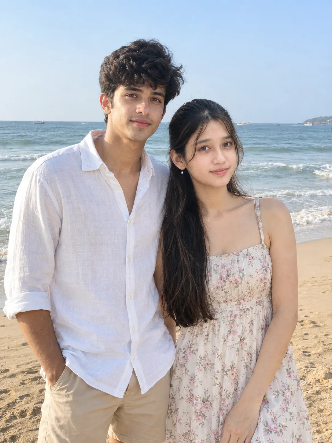 Ultra realistic photograph of a young man and a young woman standing together on a sandy beach during daytime, shot on a real DSLR camera.