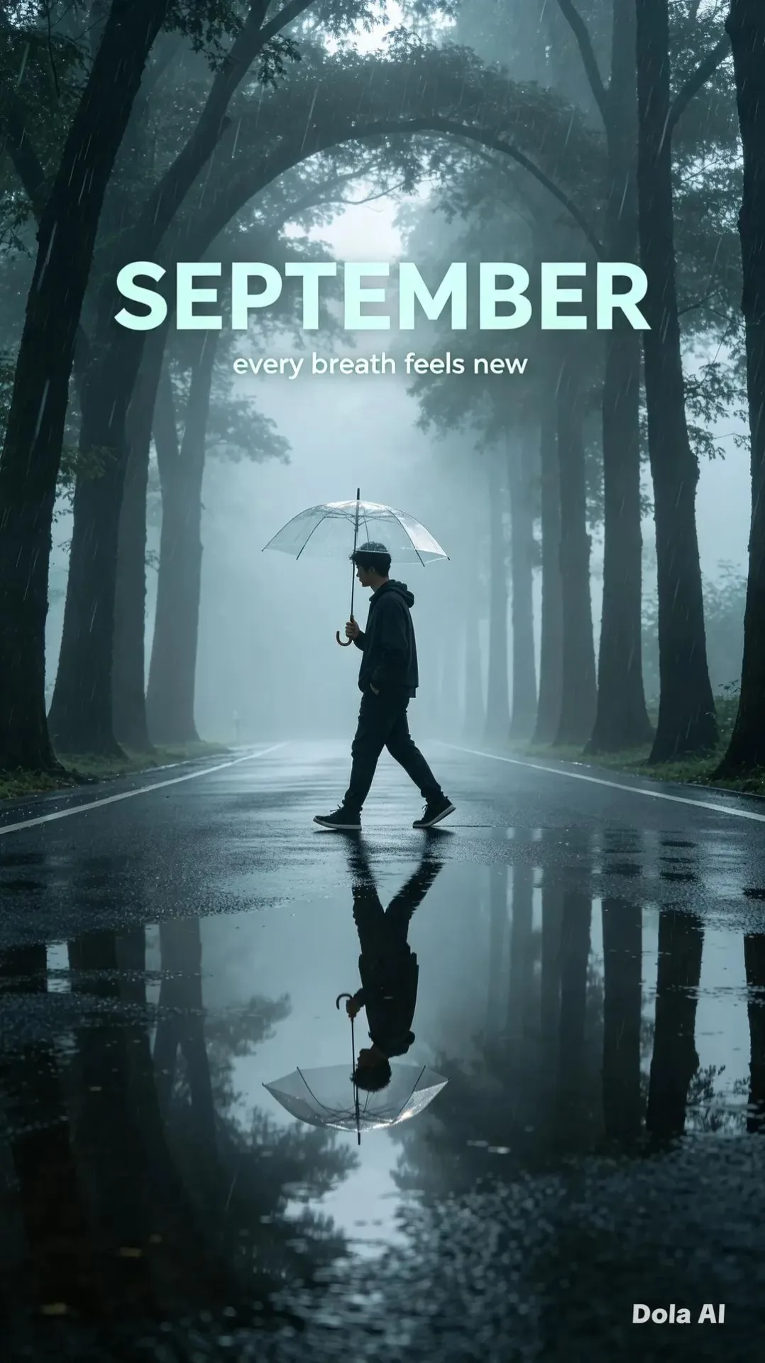 Style: Same rainy cinematic aesthetic, cool muted palette, glossy reflective asphalt, soft rain motion blur, serene introspective mood,