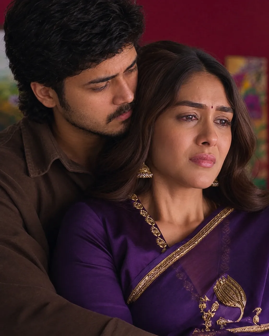 Create an ultra-realistic cinematic close-up portrait of a young South Asian couple in an intimate emotional moment.