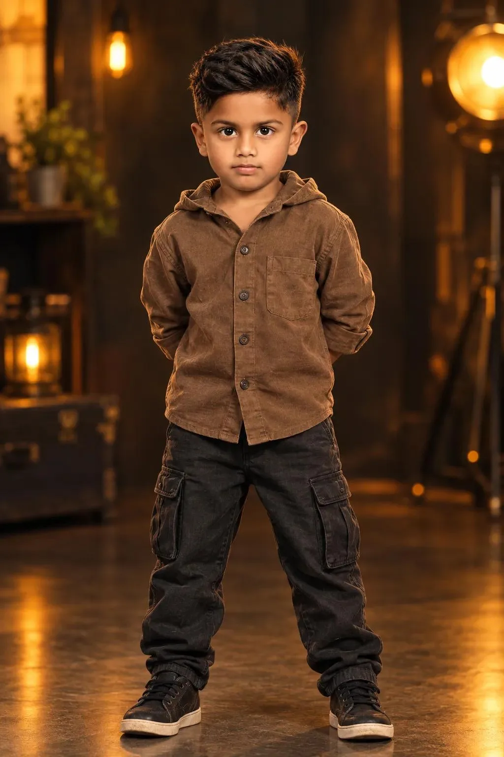 6-year-old cute South Indian boy, full-body cinematic portrait, same confident pose and composition as the reference, hands behind back,