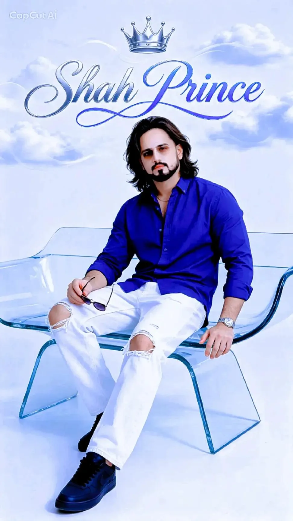 A detailed medium full-body photograph of a man with medium-length wavy dark hair and a full well-groomed beard, sitting confidently on a