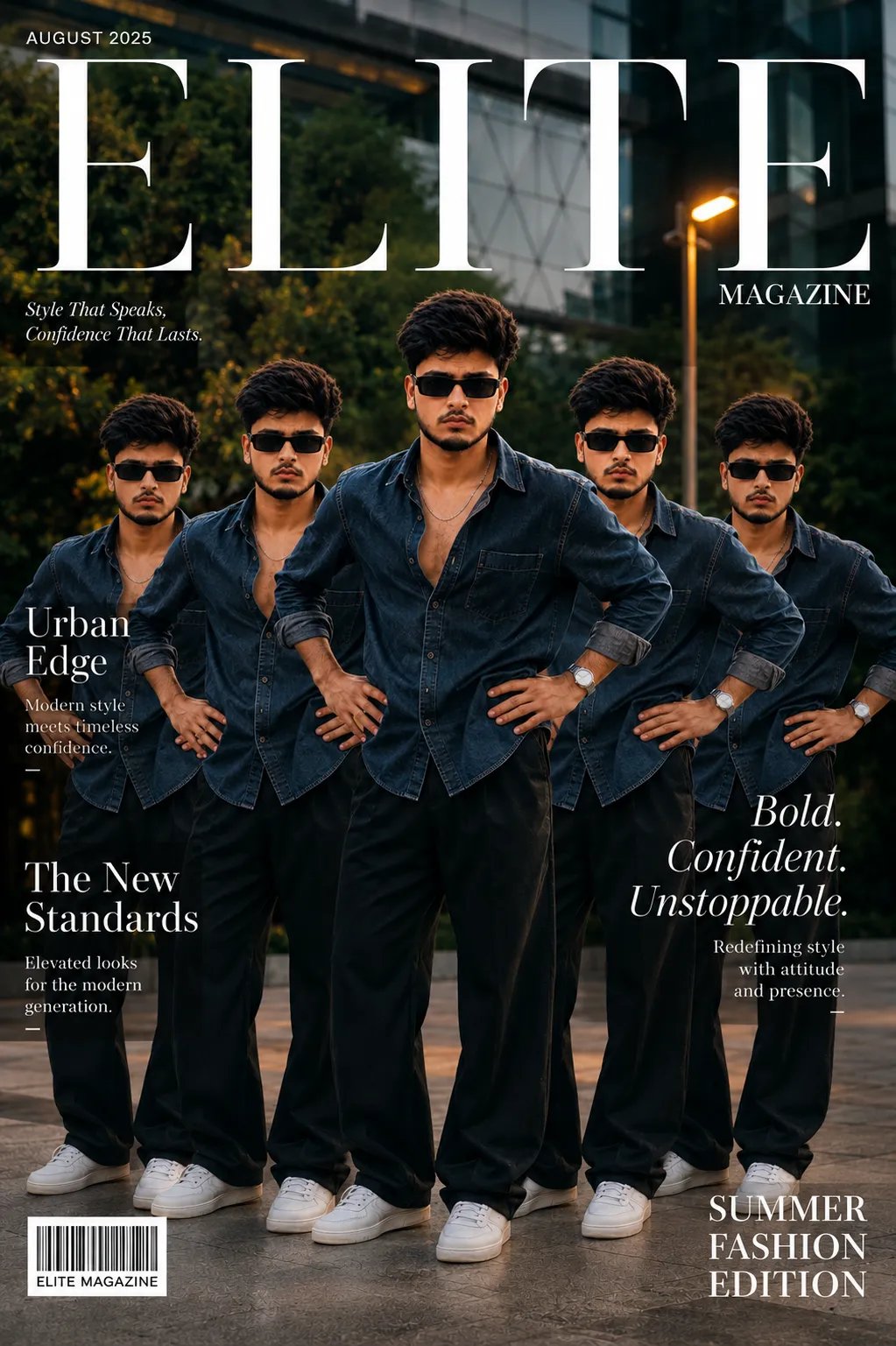 Create an ultra-realistic premium fashion magazine cover inspired by the uploaded reference image.