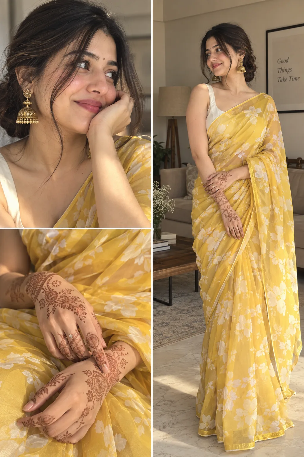 An aesthetic three-photo split screen collage showcasing a beautiful Indian woman in a yellow floral chiffon saree.