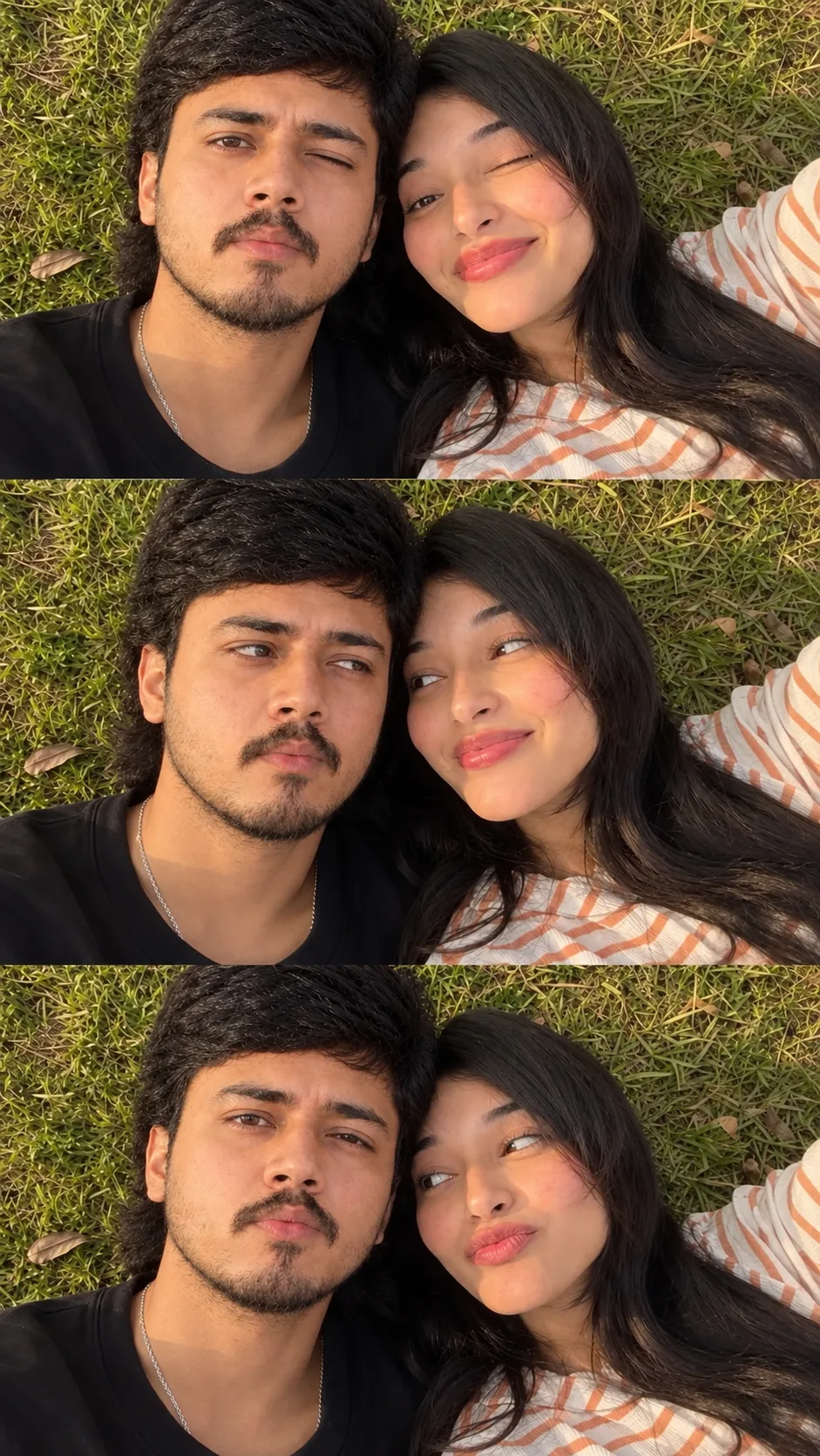 A photorealistic romantic outdoor selfie of a young couple lying closely together on fresh green grass.