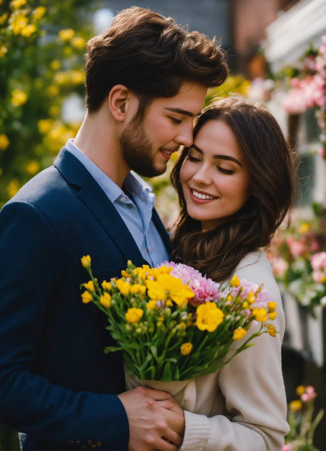 A high-resolution, candid portrait photograph capturing a young, deeply in love couple outdoors amidst a lush floral garden setting.