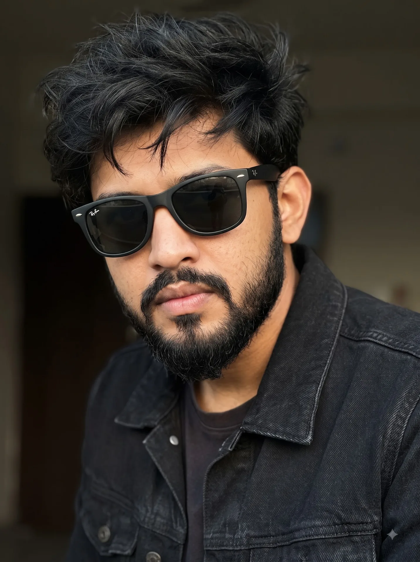Ultra-realistic cinematic close-up portrait of a stylish young man with thick, messy textured black hair, a full well-groomed beard and
