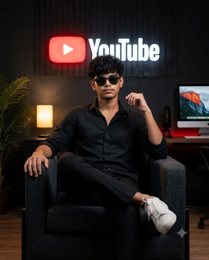 Create a highly realistic, premium cinematic portrait of a stylish young South Asian man sitting confidently on a modern dark armchair.