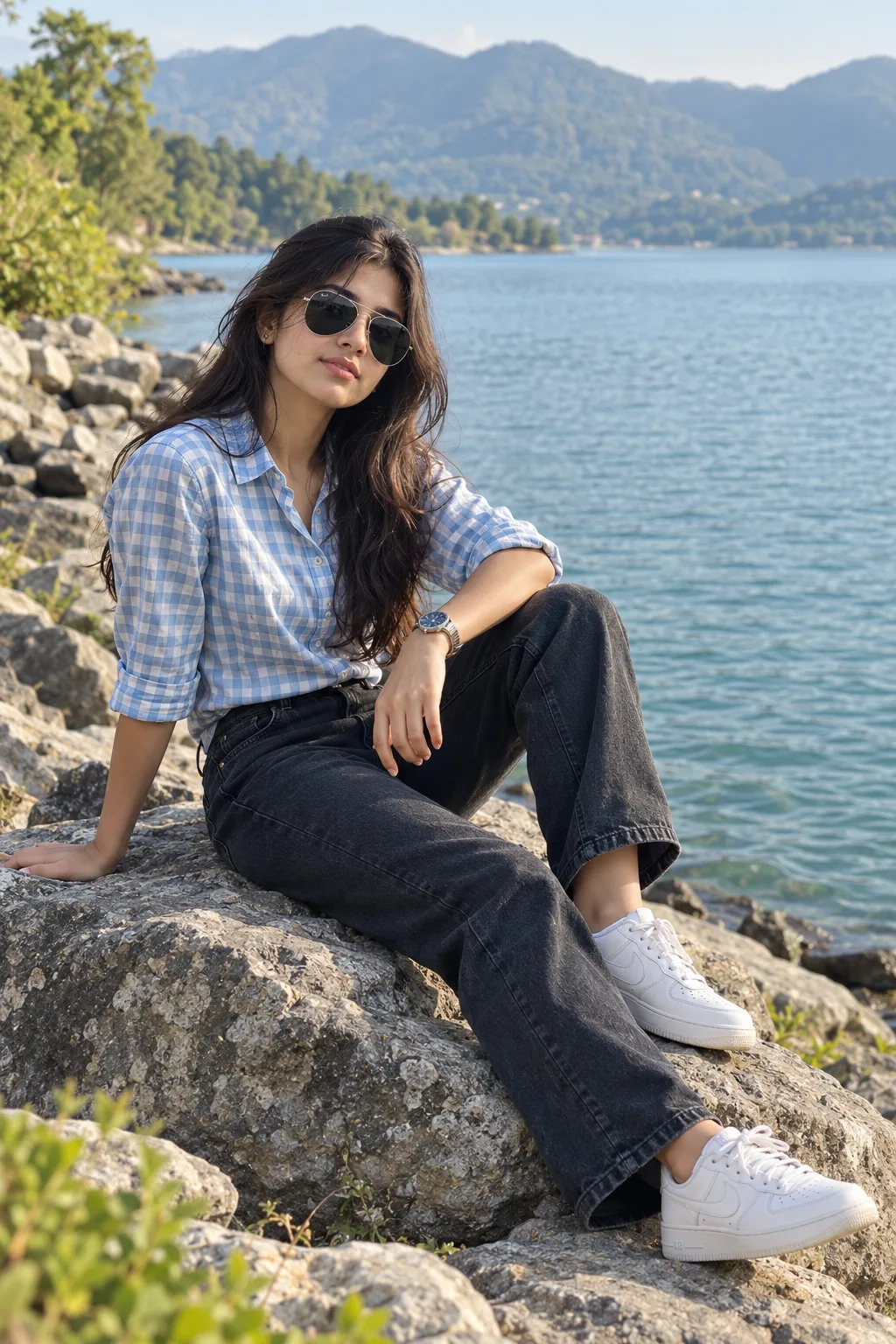 Create a highly realistic, ultra-detailed cinematic outdoor portrait of a young Indian woman sitting casually on large natural rocks beside
