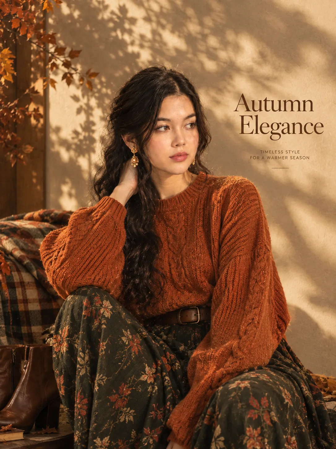 Ultra-realistic autumn fashion editorial poster featuring a beautiful East Asian woman posing indoors against a warm beige wall, soft