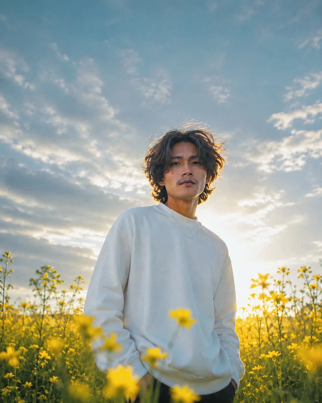 Create a highly realistic cinematic outdoor portrait in a yellow flower field during golden hour, matching the reference image's overall