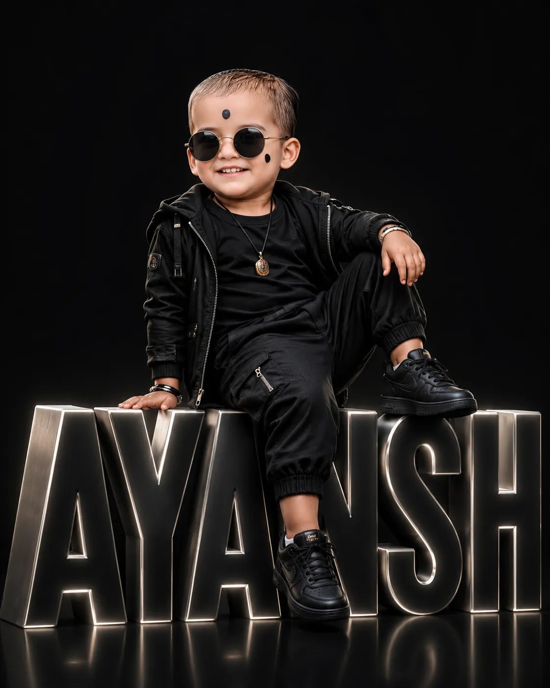 A professional studio photoshoot of a cute 3-year-old Indian boy sitting stylishly on large 3D metallic glowing letters that spell