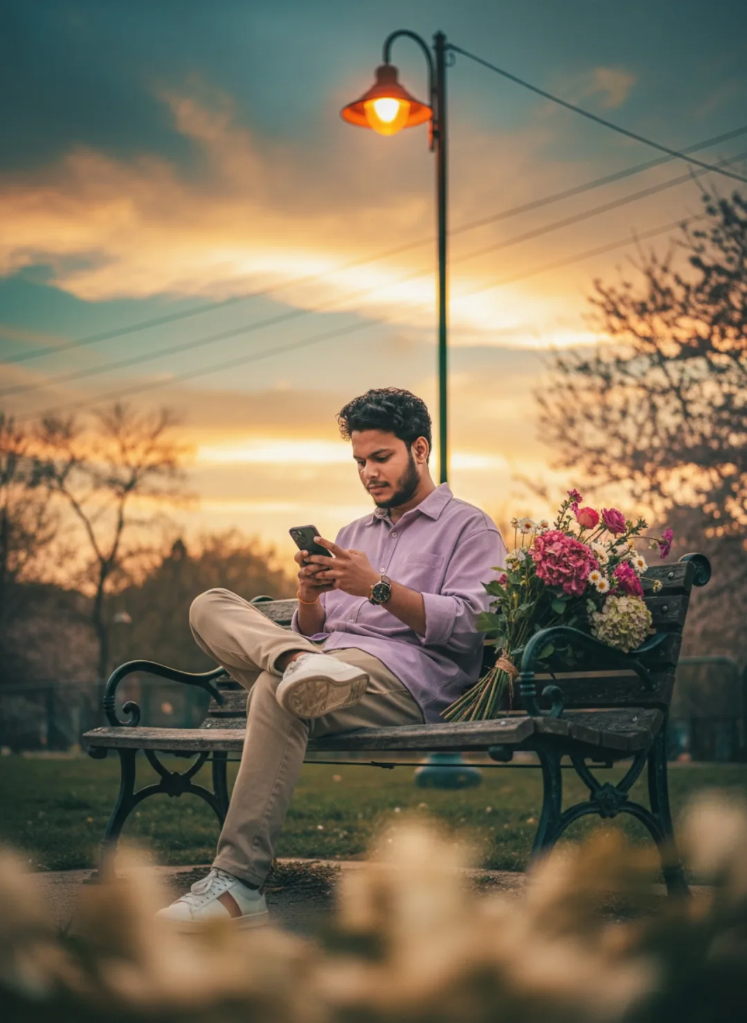A young South Asian man with curly dark hair and a short beard sits on a weathered wooden park bench at golden hour, looking down at a