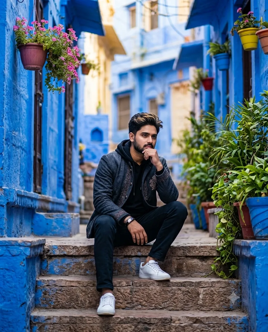 A stylish young Indian man sitting on highway stone stairs in Jodhpur City, Royal Look, styled hair, embroidered dark grey jacket over