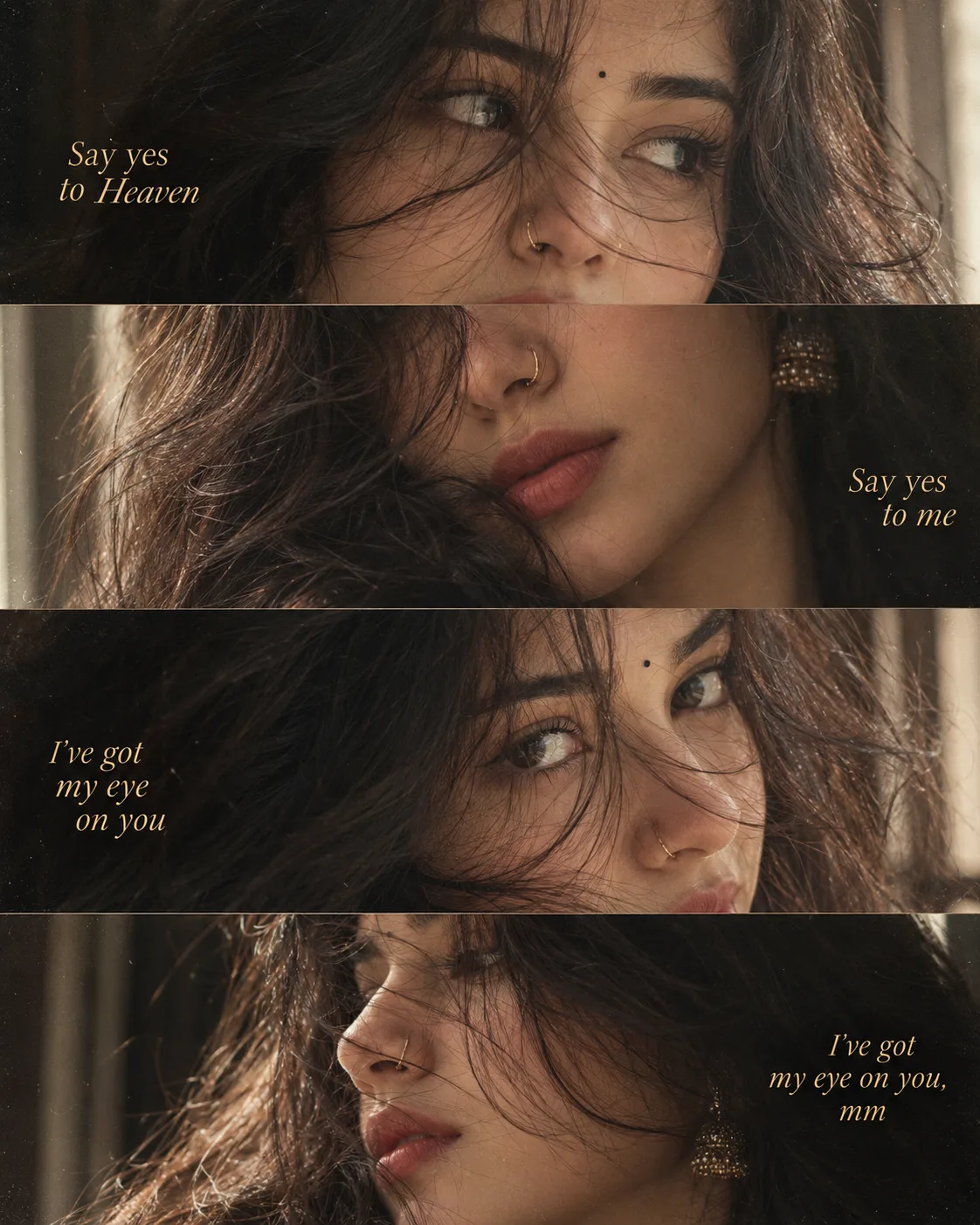 Create a cinematic four-panel vertical close-up portrait collage of the same young South Asian woman with long, voluminous dark wavy hair,
