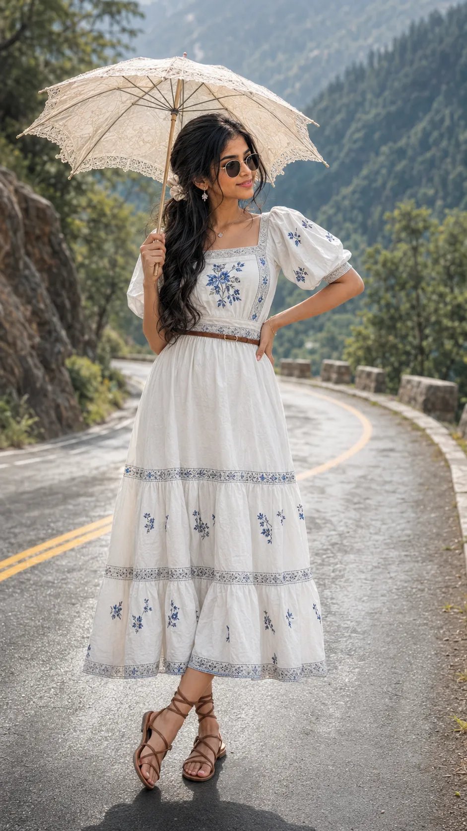 π€ βπ€βπ€β Prompt πππ Girl with long wavy brown hair standing on a winding mountain road with yellow divider line.