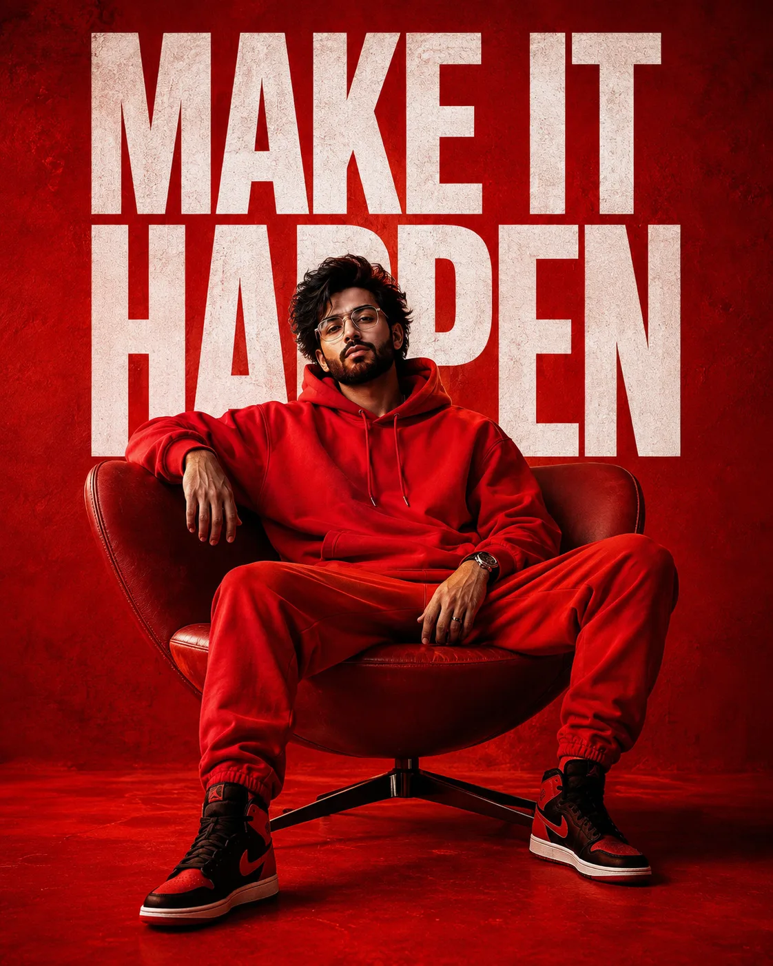 Create a highly realistic, ultra-cinematic motivational fashion poster inspired by the reference image.