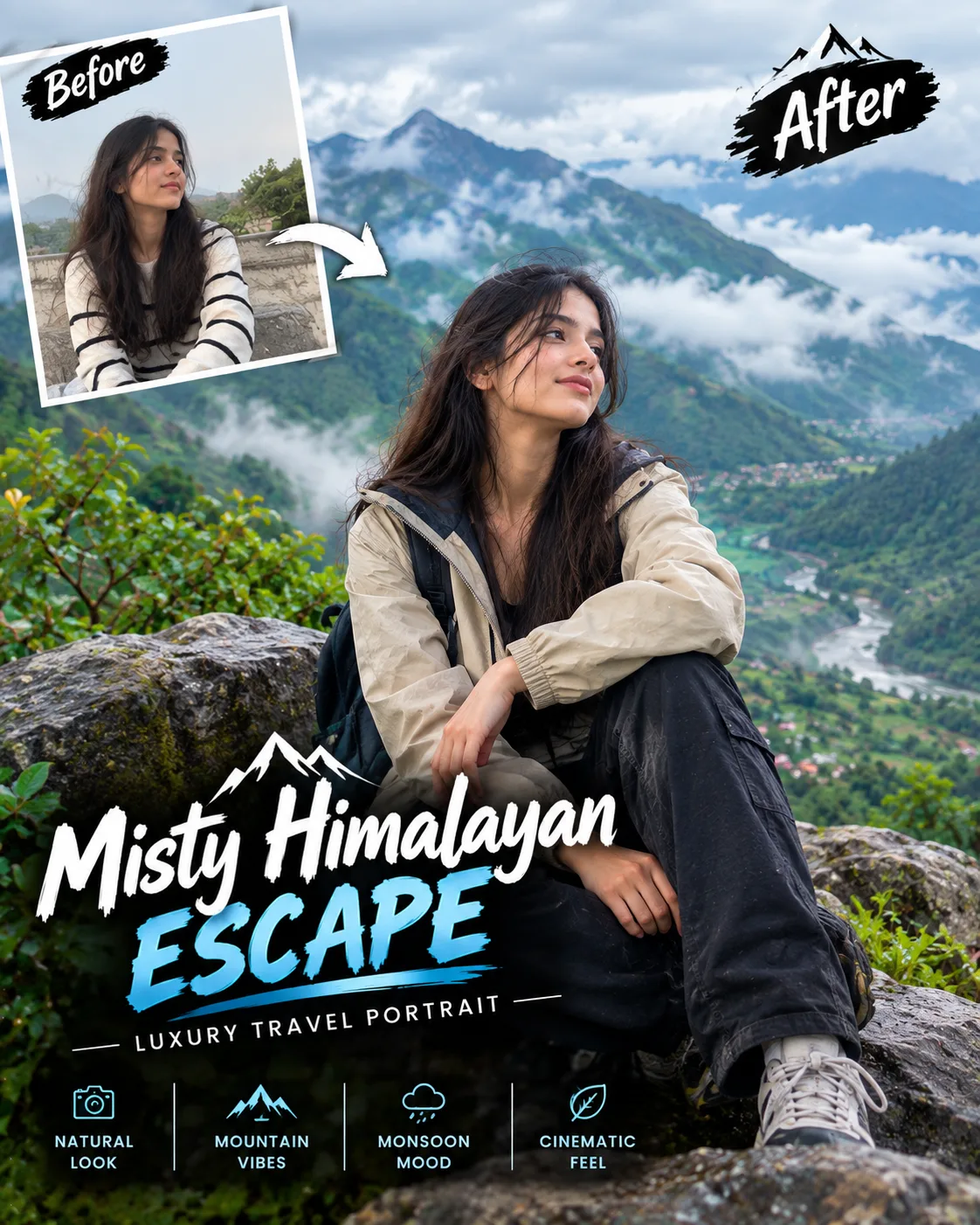 Transform the uploaded photo into a highly realistic cinematic Himalayan travel portrait.