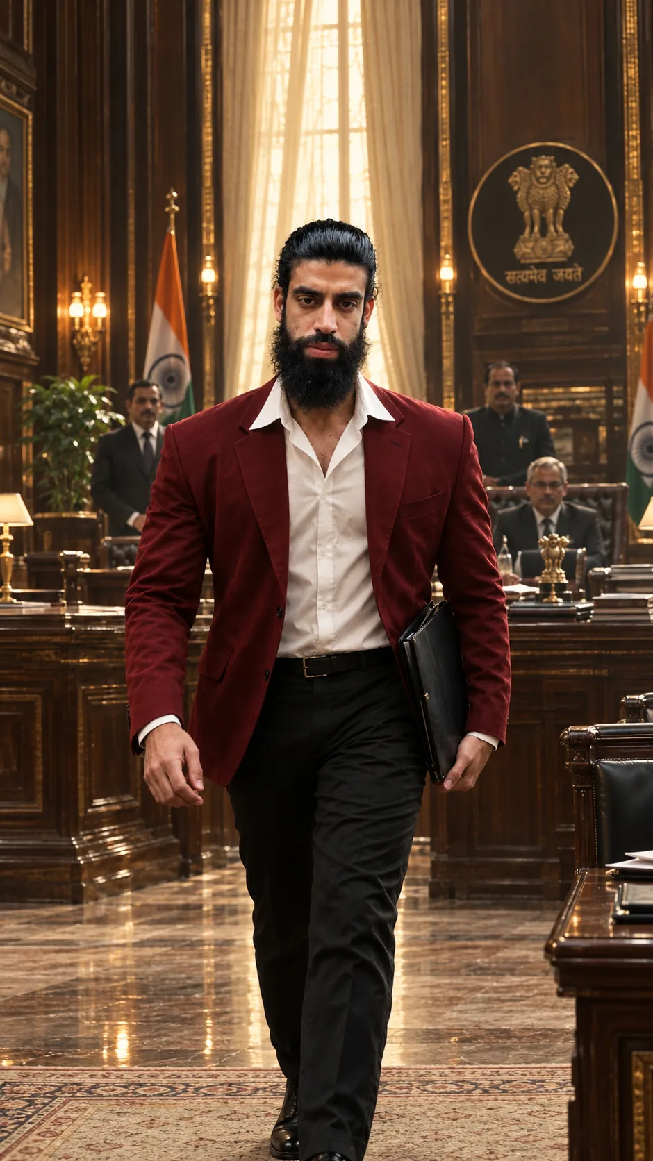 Create an ultra-realistic high-end cinematic full-body portrait of a confident, powerful Indian man walking directly toward the camera