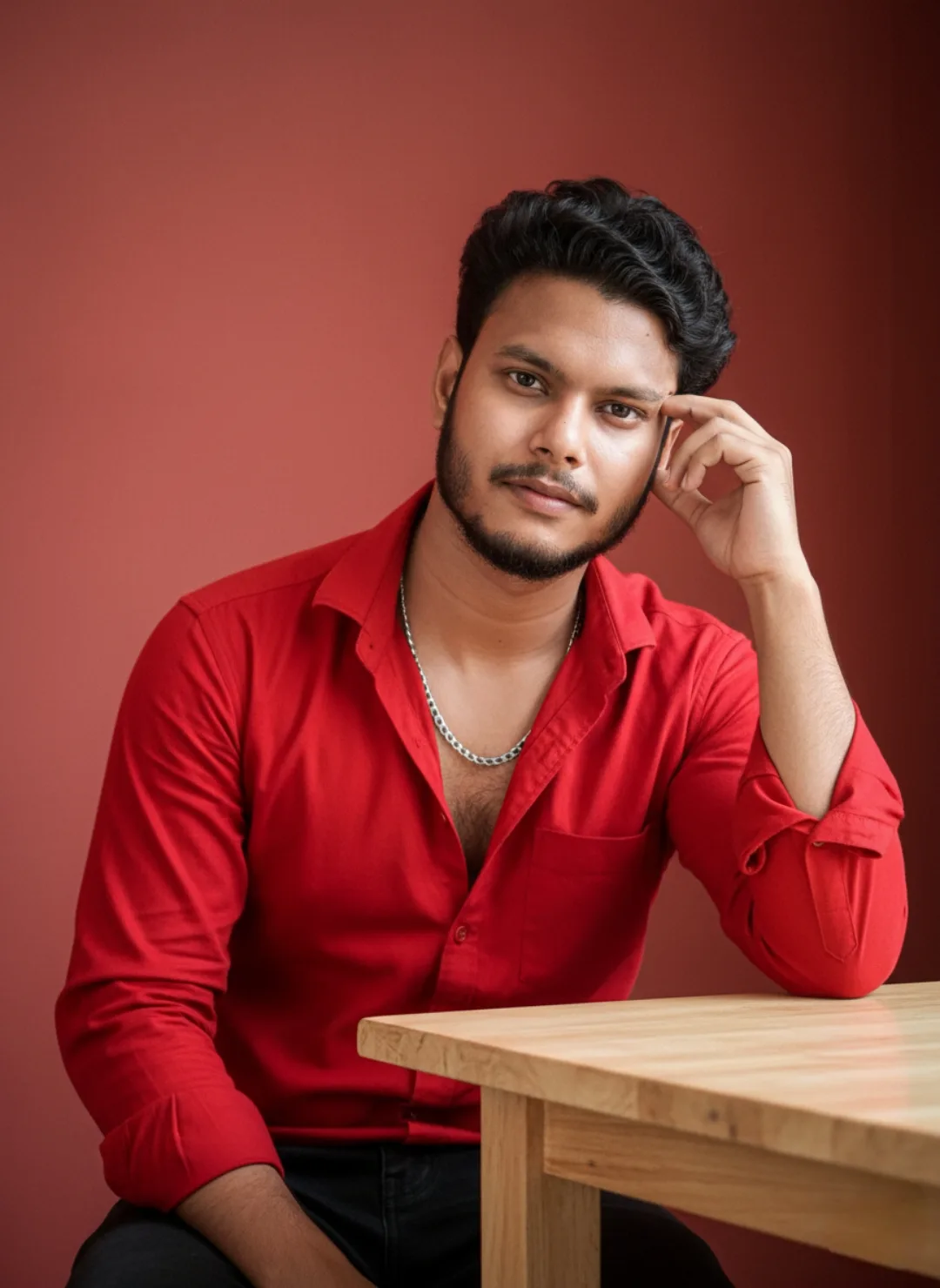 **Prompt:** A realistic studio portrait of a young South Asian man in his mid-20s with medium-dark skin, short wavy black hair styled