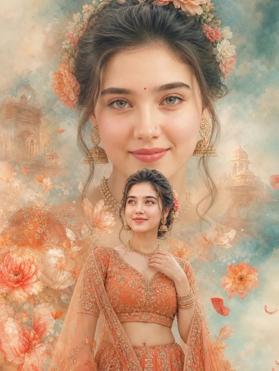 1. Open ChatGPT 2. Upload Your Image 3. Copy and paste Prompt⤵️ Create a dreamy, ultra-realistic cinematic Indian bridal portrait based on